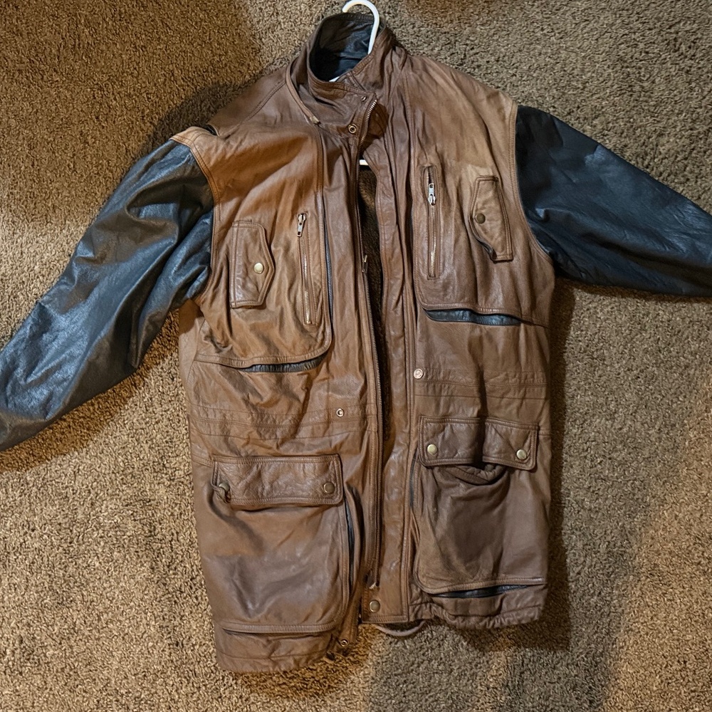 Vintage Brown & Black Leather Utility Jacket – 90s Heavyweight Coat